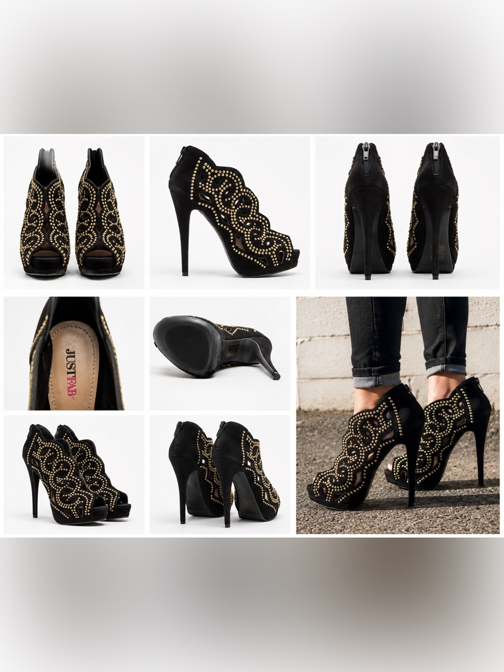 JustFab Black Gold-Studded Scallop Peep-Toe Booties